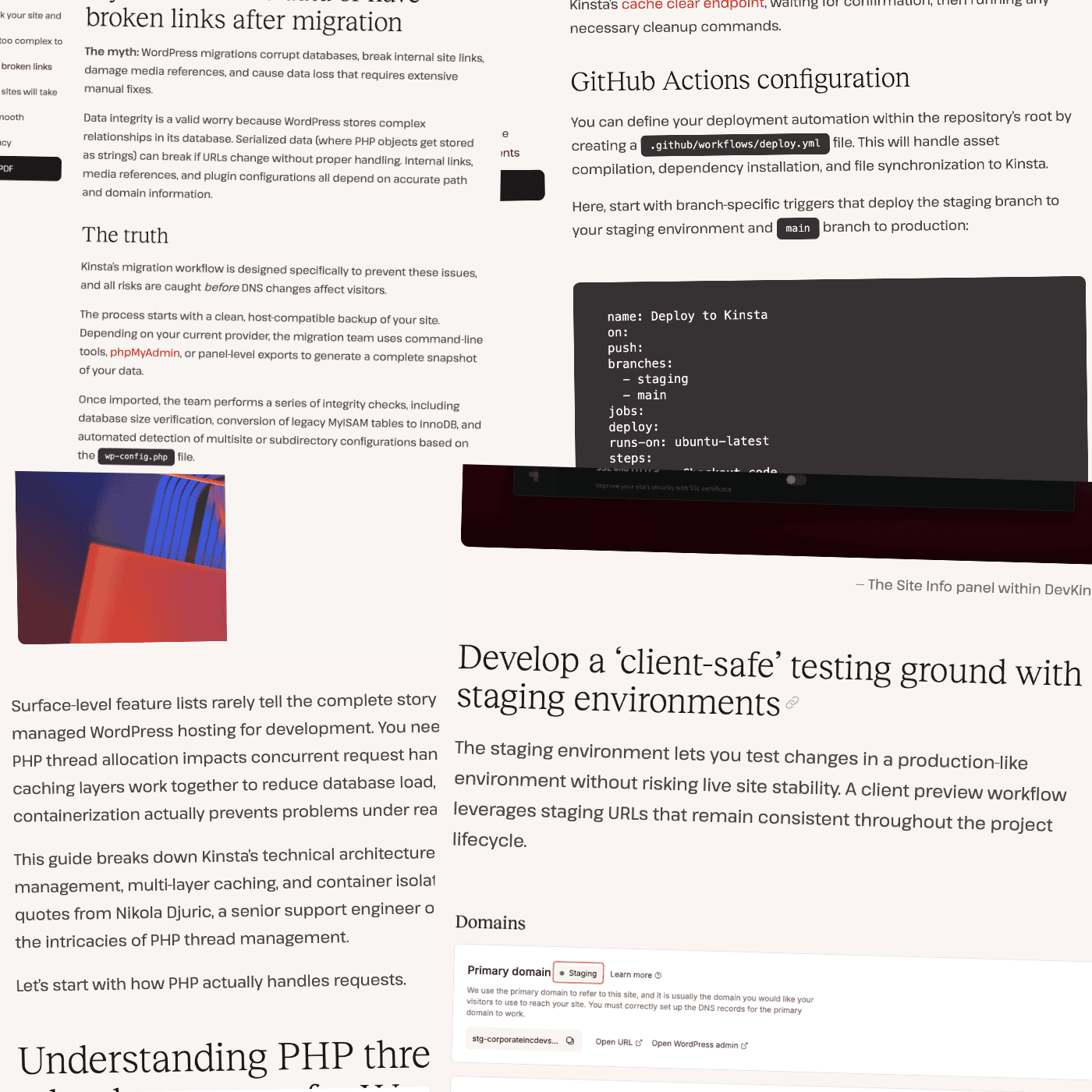 A collage of blog posts from the Kinsta website showing different types of content, including featured images and code.