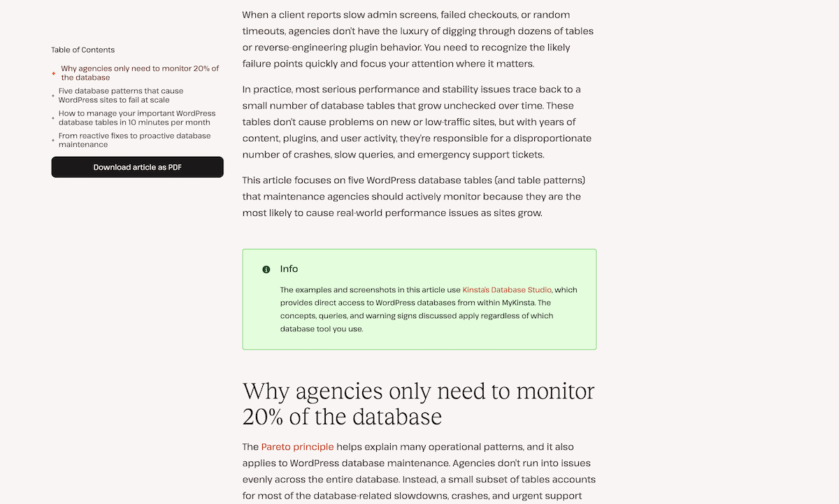 An example of a Kinsta blog post, complete with a green callout box and table of contents sidebar.