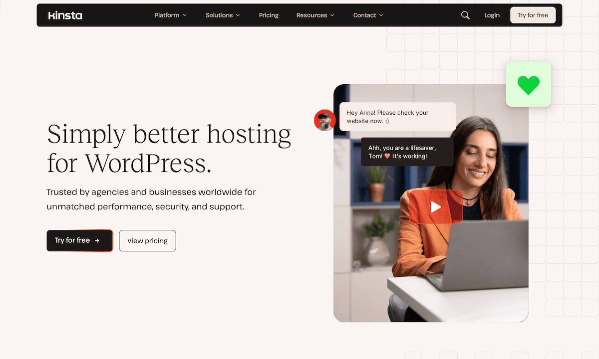 The Kinsta home page showing a hero section with a title, tagline, CTA buttons, and a hero image of a woman at a computer.