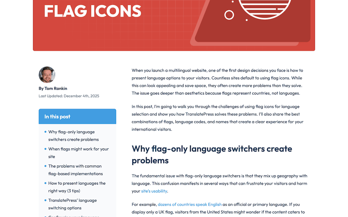 A portion of a TranslatePress blog post showing a red featured title section, table of contents, and main body copy.