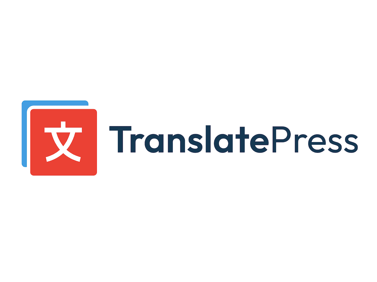 The TranslatePress logo on a white background with a primarily red logo containing a type of custom kanji.