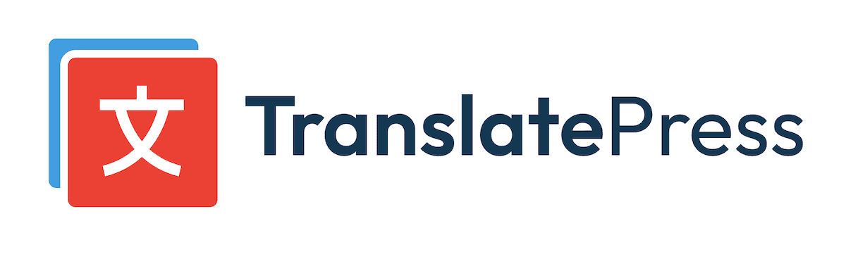 The TranslatePress logo on a white background with a primarily red logo containing a type of custom kanji.