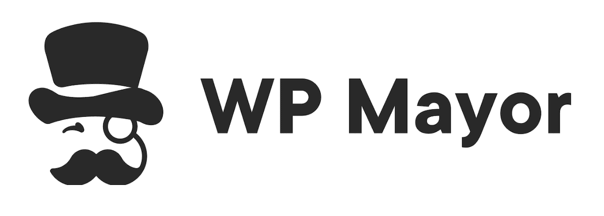 The WP Mayor logo on a white background. It contains a black graphic of a man with a mustache, monocle, and top hat.