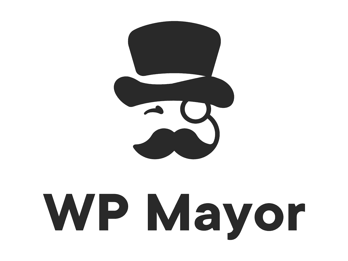 The WP Mayor logo on a white background. It contains a black graphic of a man with a mustache, monocle, and top hat.