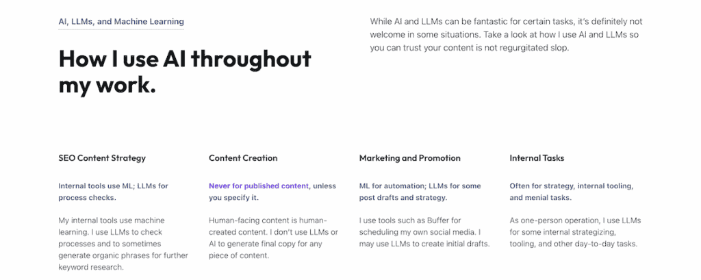 The AI Declaration Policy page on the It's WPTom website. It shows a number of sections containing descriptions of various ways in which AI is used within the business.