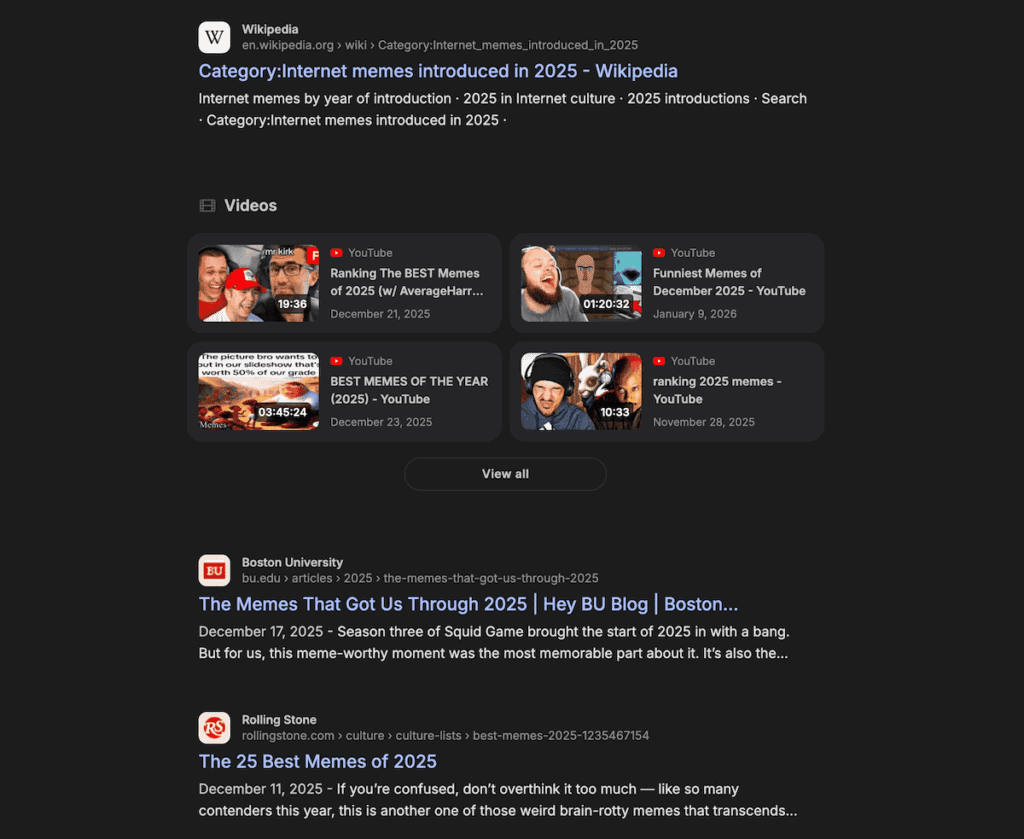 A Brave Search page showing search results and video links.
