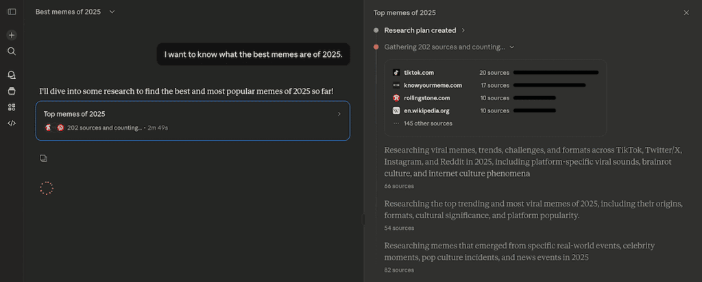 A results page from running a Claude Research session.