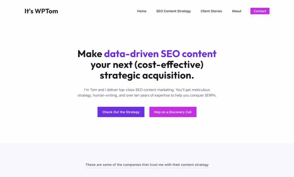 The It's WPTom home page showing the hero section with tagline and two buttons for service and contact pages.