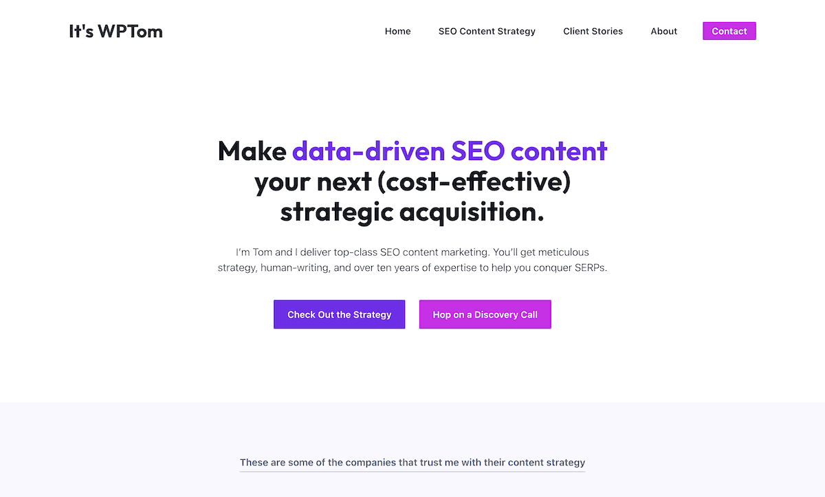 The It's WPTom home page showing the hero section with tagline and two buttons for service and contact pages.