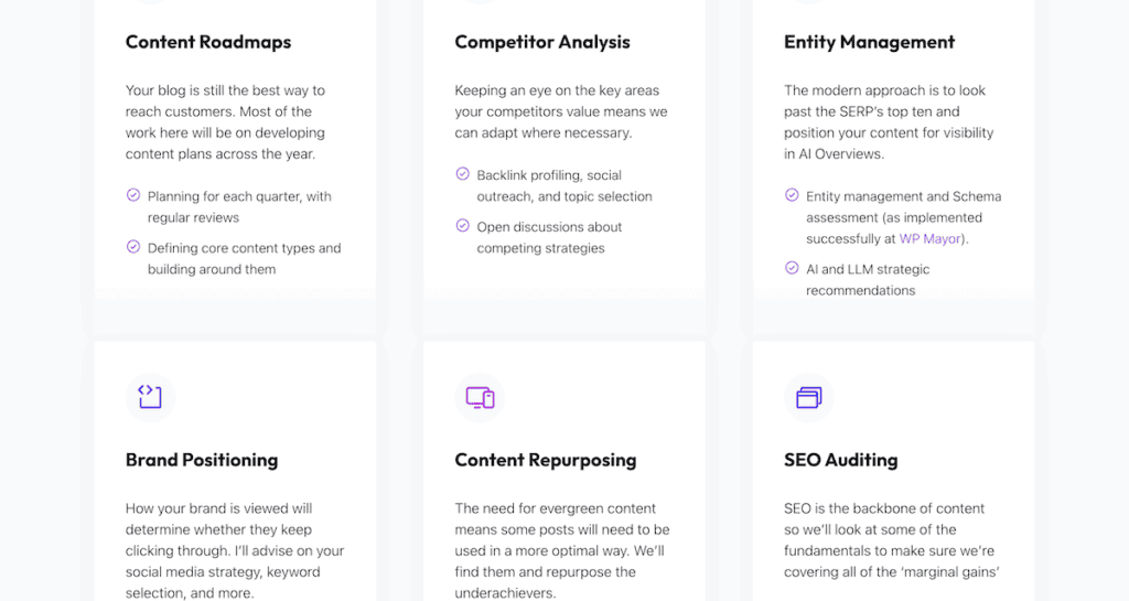 A section of the It's WPTom SEO Content Strategy page, showing lists and sections of different service offerings available to hire.
