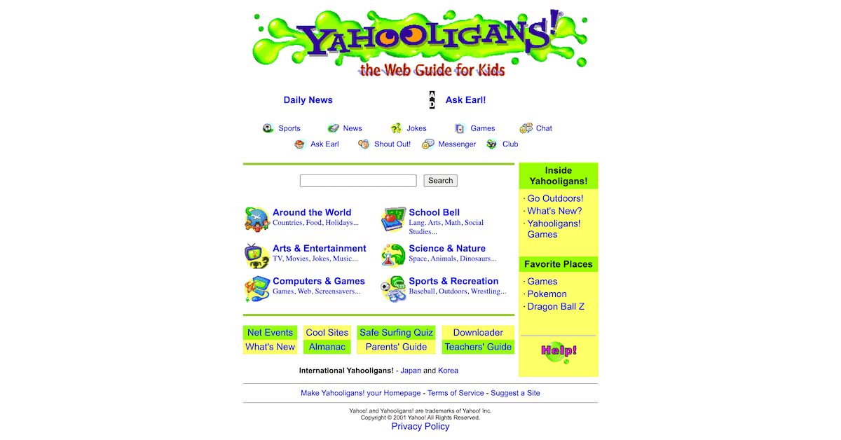 The home page of the inactive Yahooligans site.